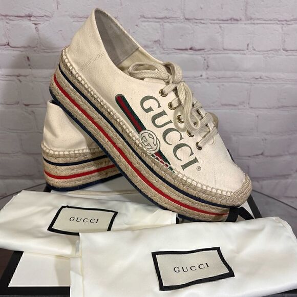 GUCCI Canvas Logo Lace-Up Platform Espadrilles 40 Greggio Grege - Picture 1 of 9